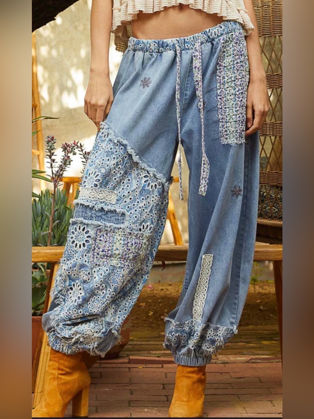 POL Bali Sunset Patchwork Jogger in Light Blue Denim 1 size M and 1 size small